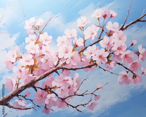 Soft pink cherry blossoms against a clear blue sky  branches gently swaying in the spring breeze