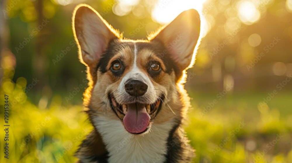 A joyful corgi basks in the warm glow of sunset, its eyes sparkling with happiness and a backdrop of golden light.