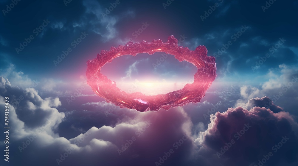 Vibrant glowing ring encircles dramatic sunrise illustration. Red