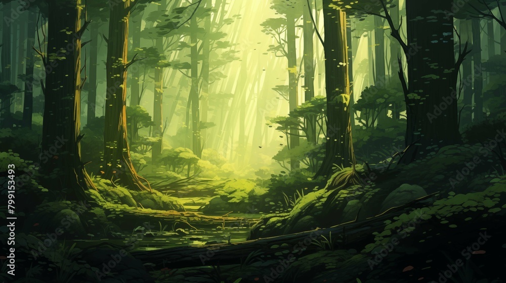 Sunbeams through dense forest canopy 2D cartoon illustration. Warm glow over serene woodland flat image colorful scenery horizontal. Lush vegetation wallpaper background anime art