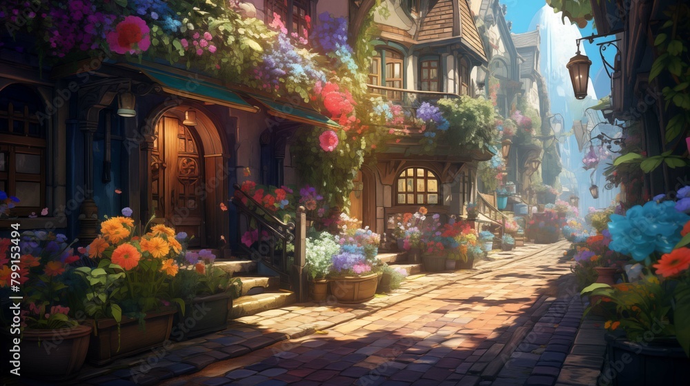 Fototapeta premium Storybook village street bursts with flowers 2D cartoon illustration. Cobblestone path fairytale flat image colorful scene horizontal. Historical architecture wallpaper background art