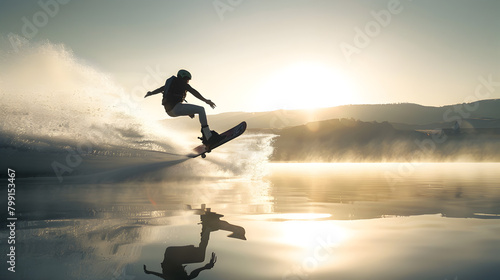 A wakeboarder catching air off the wake of a speeding boat on a glassy lake. Epic shot.


