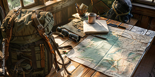 Close-up of a wilderness guide's desk with trail maps and survival gear, showcasing a job in outdoor adventure photo