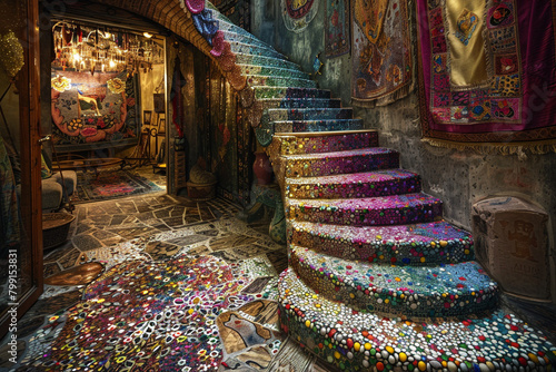A bohemian foyer with a curved staircase wrapped in colorful mosaic tiles, each step a burst of color and pattern. The surrounding walls are adorned with tapestries 