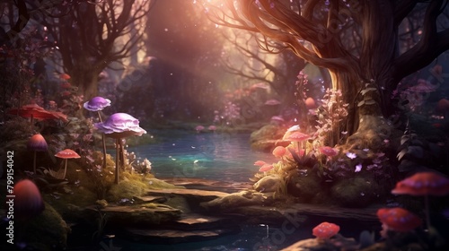 Glowing mushrooms and flora by serene pond illustration. Mystic grove. Magical haven at dusk wallpaper scene artwork. Forest tranquil waterside background image digital art concept photo