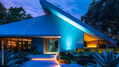 A classic house in a vibrant shade of electric blue, with an angular, modern design and an illuminated walkway leading to the entrance. photo