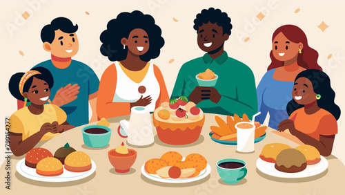 A gathering of loved ones and a table filled with soul food staples like fried chicken cornbread and peach cobbler make the Juneteenth Soul Food Feast. Vector illustration