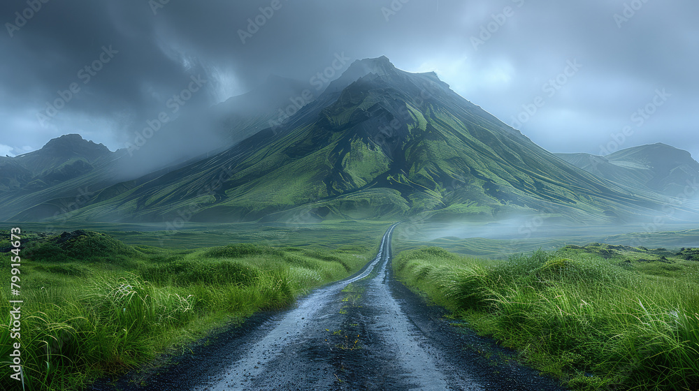 An endless road leading to the misty peak of an active volcano. Created with Ai