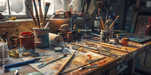 Close-up of a museum conservator's desk with restoration tools and conservation materials, symbolizing a job in art conservation photo