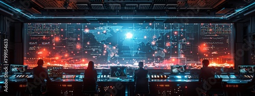 Advanced Cybersecurity Command Center with Operators Monitoring Global Digital Threats on Massive Interactive Holographic Display photo