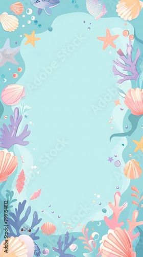 Summer time concept, illustration with sea shells, corals and starfish on a blue pastel background. Nautical themed frame with empty space for text and image