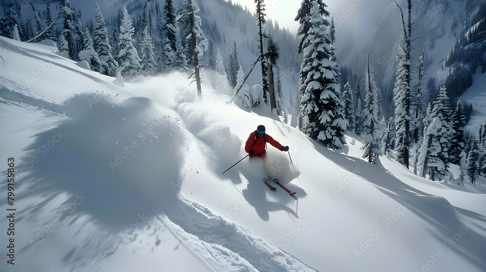 A backcountry skier carving fresh tracks through deep powder snow in a remote wilderness. Epic shot.
A backcountry skier carving fresh tracks through deep powder snow in a remote wilderness. Epic shot.