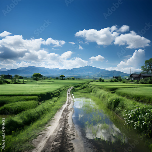 A road runs through a lush green field with a river running alongside it. The sky is cloudy, but the overall mood of the image is peaceful and serene Generative AI