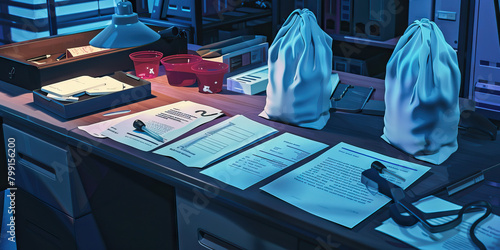 Close-up of a crime scene investigator's desk with evidence bags and forensic tools, illustrating a job in forensic science