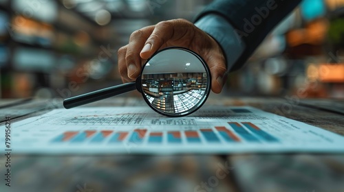 A business analyst holds a magnifying glass and analyzes graphs and charts in order to calculate market growth or gather investment data.