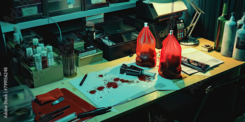 Close-up of a crime scene investigator's desk with evidence bags and forensic tools, illustrating a job in forensic science photo