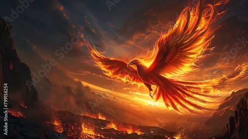 Take a unique perspective of a phoenix, its fiery feathers ablaze against a twilight sky, set against a dramatic volcanic landscape