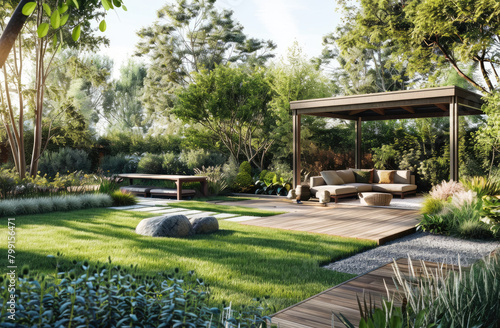 A modern garden with a wooden deck, green grass and an arbor, surrounded by trees and bushes. The space is adorned with comfortable seating areas for relaxation in the sun or shade under willow branch