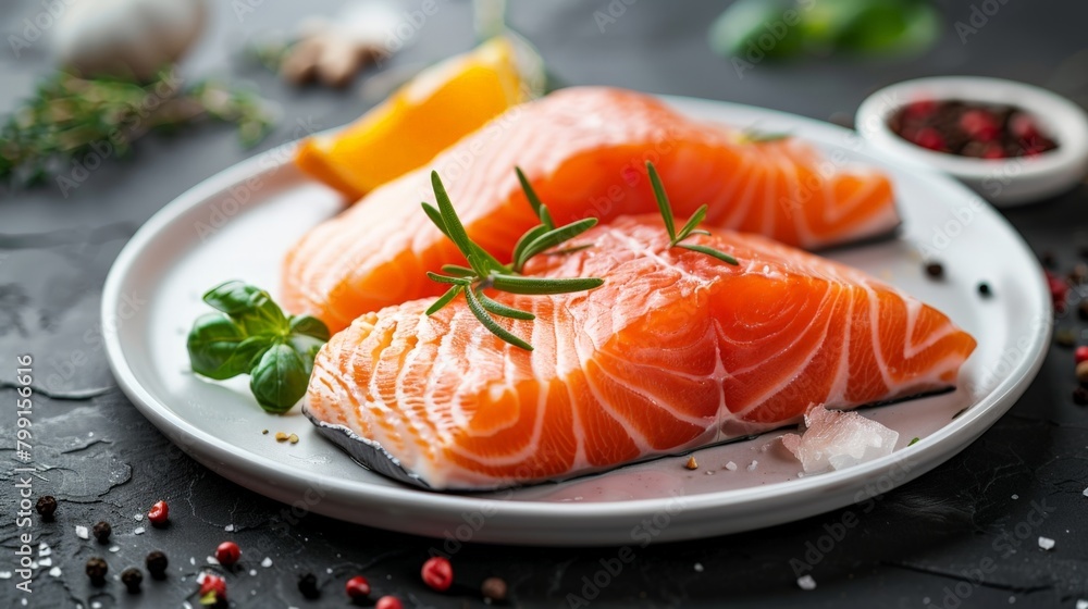 Two salmon pieces on plate with assorted spices and herbs Two salmon pieces on plate with assorted spices and herbs