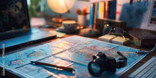 Close-up of a geographer's desk with maps and geographical data, representing a job in geography.