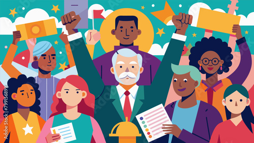 A vibrant mural featuring prominent civil rights activists and their achievements surrounded by a crowd of people holding up Community Award signs.. Vector illustration