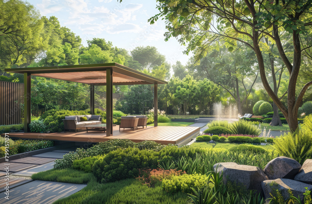 A modern garden with a wooden deck, green grass and an arbor, surrounded by trees and bushes. The space is adorned with comfortable seating areas for relaxation in the sun or shade under willow branch