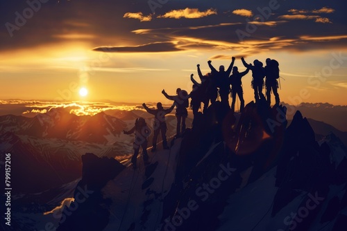 Silhouette of a climbing team on the summit, cheering as the sun sets, capturing the spirit of perseverance and success, , moody lighting