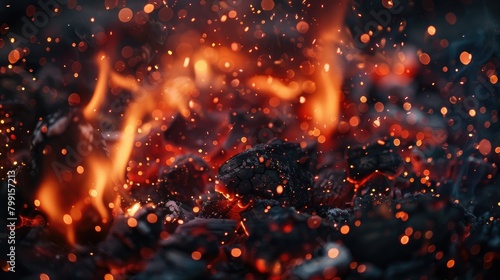 Macro photography of wood embers popping, sending tiny fire sparks into the air, perfect for themes of energy and transformation, , moody lighting