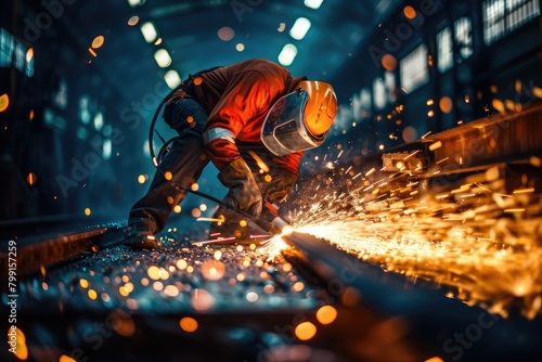 Worker using an angle grinder on metal, with bright fire sparks scattering around, highlighting industrial strength and energy, , moody lighting
