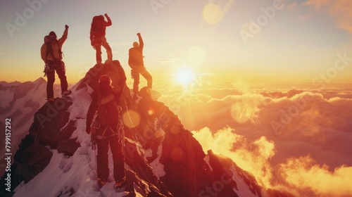 A team of climbers reaching the summit at sunrise, fists raised in triumph, symbolizing extraordinary achievement against all odds, , moody lighting