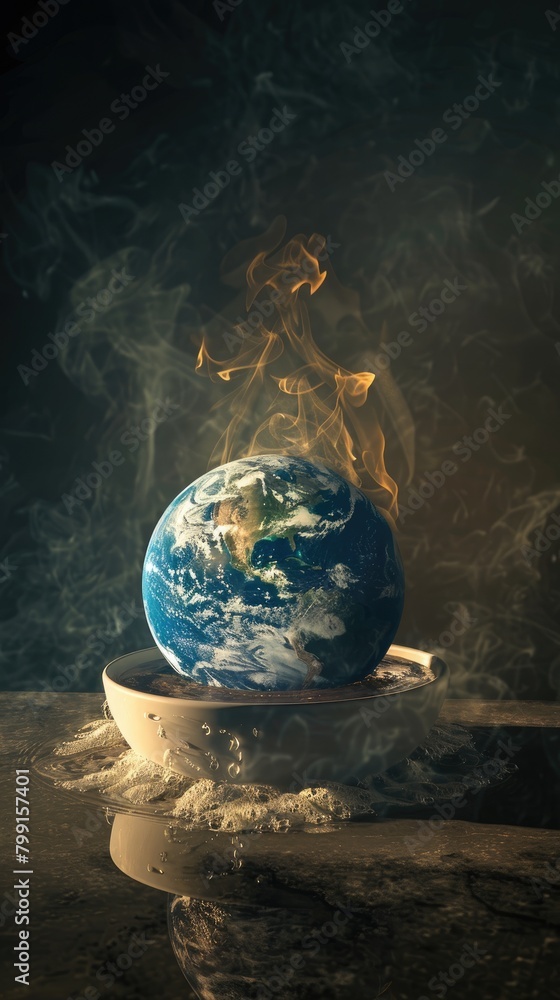 Obraz premium Conceptual image of an Earth globe boiling in a pot of hot water, symbolizing global warming and environmental urgency, , moody lighting