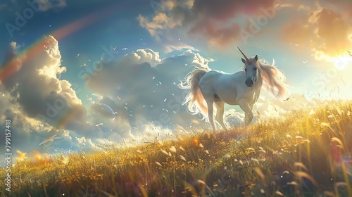 Zoom in on a graceful unicorn, its flowing mane catching a sunbeam in a mystical meadow, with a rainbow peeking through fluffy clouds