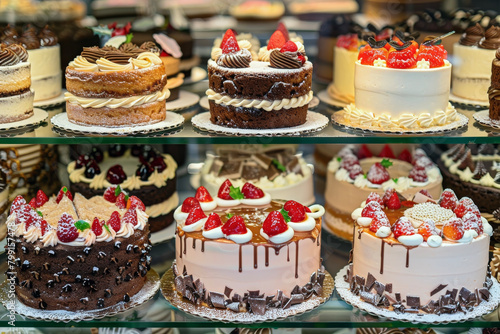 Delightful Array of Sweet and Cute Whole Cakes in a Showcase: Perfect for Celebrating Birthdays and Christmas Events
