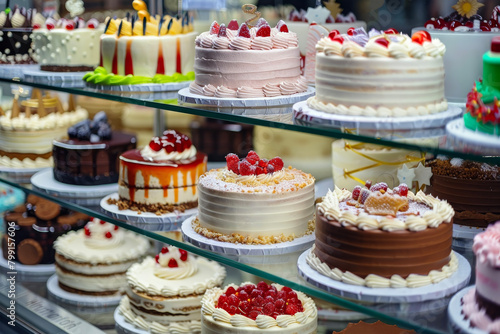 Delightful Array of Sweet and Cute Whole Cakes in a Showcase: Perfect for Celebrating Birthdays and Christmas Events