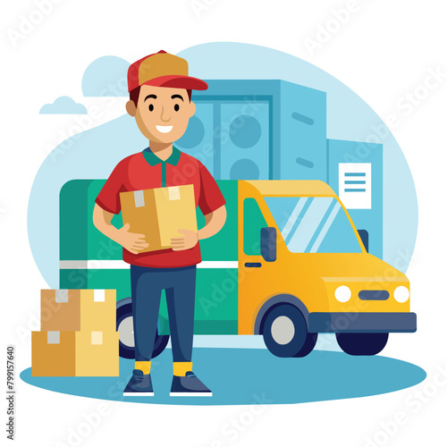 a man standing in front of a blue van with a box in his hand © Ninejoe