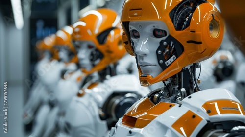A group of robots are lined up in a factory