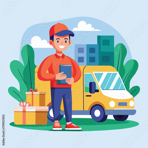 a man standing in front of a blue van with a box in his hand © Ninejoe