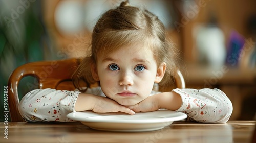 child has anorexia. little girl in front of food plate, concept child nutritional deficiencies photo