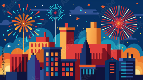 The sky comes alive with a multisensory experience as fireworks light up the city in a spectacular celebration of independence.. Vector illustration