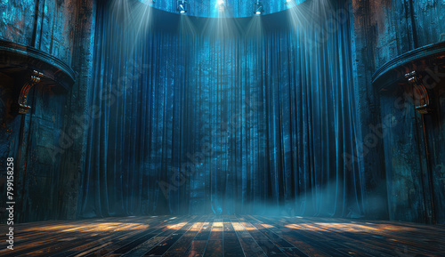 The background of the theater stage with blue curtains and warm lights has a dark Gothic style. Created with Ai