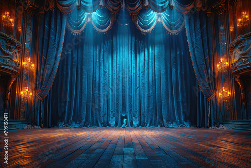 A dramatic stage with ornate blue curtains, illuminated in the style of golden chandeliers. Created with Ai