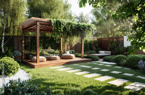 A modern garden with a wooden deck, green grass and an arbor, surrounded by trees and bushes. The space is adorned with comfortable seating areas for relaxation in the sun or shade under willow branch