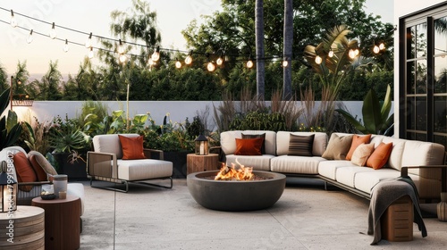 Elegant outdoor terrace with modern furniture and warm fire pit under evening lights © Georgii