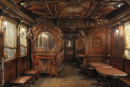 Train car interior, 19th century, wood, luxury photo