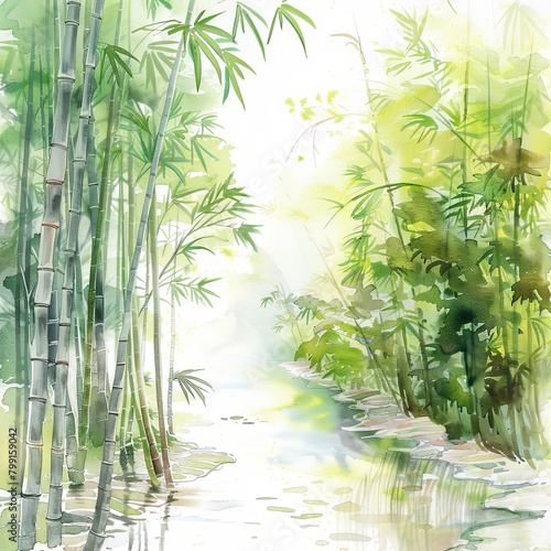 Light watercolor  Bamboo forest  Small river 