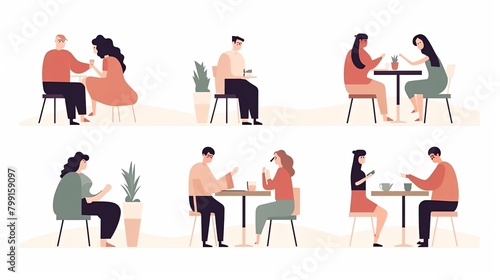 Minimalist character illustrations in Notion style  white background  with a group of people sitting at a table