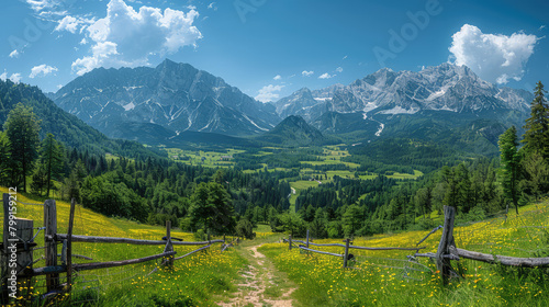 Photo of a mountain trail in the French Alps, with a panoramic view over the lush green valley below and snowcapped mountains in the background. Created with Ai