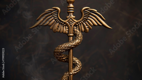 Aesculapius medical symbol or symbol featuring a snake around a rod. photo