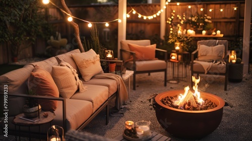 Cozy evening on a beautifully lit outdoor terrace featuring a fire pit and comfy furniture © Georgii