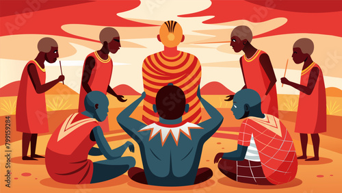 In an African Maasai village a group of men gather in a circle to shave their heads and paint intricate designs on their scalps using a mix of red.